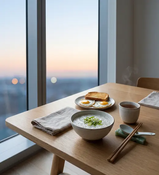 A breakfast table by a tall window at dawn: congee with spring onion, fried eggs, toast and a cup of tea, the city lights still on outside